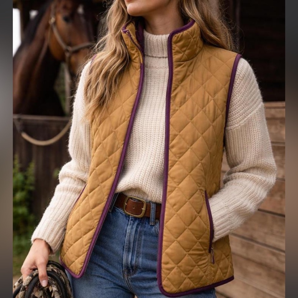 John Partridge Quilted Gilet Vest Tan Purple Made in England Size Small Layering